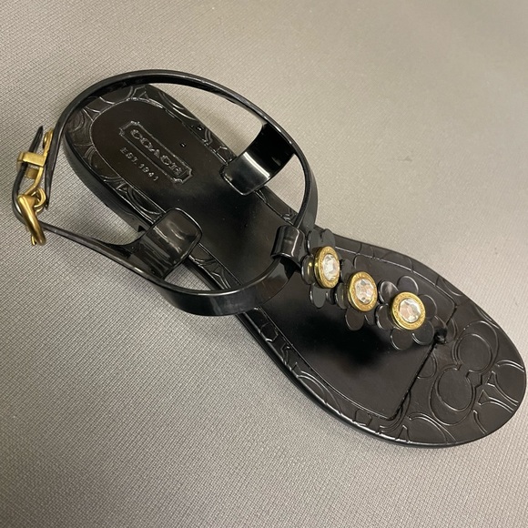 Coach black jelly t strap thong sandals 6B A4584 gold crystal  flowers. - Picture 2 of 9